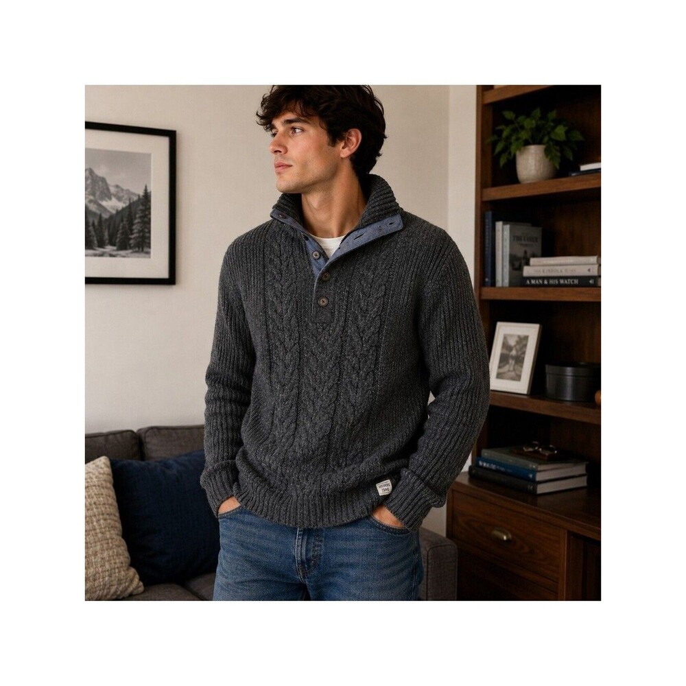 Weatherproof Vintage Charcoal Cable Knit Button Sweater Men’s Small